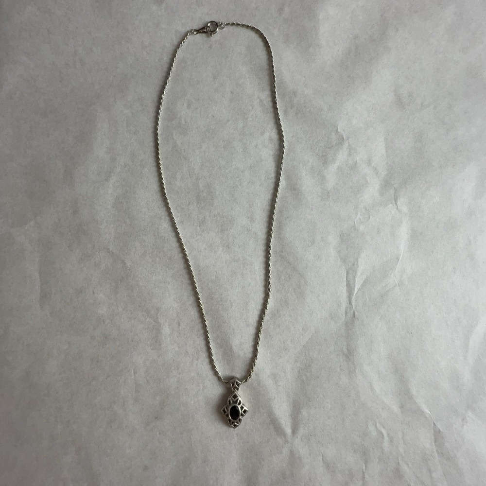 Sterling Silver 925 Black Onyx Ornate Pendant Necklace Rope Chain Japan Womens